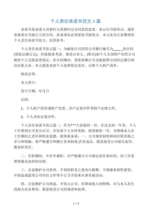 个人责任承诺书范文3篇