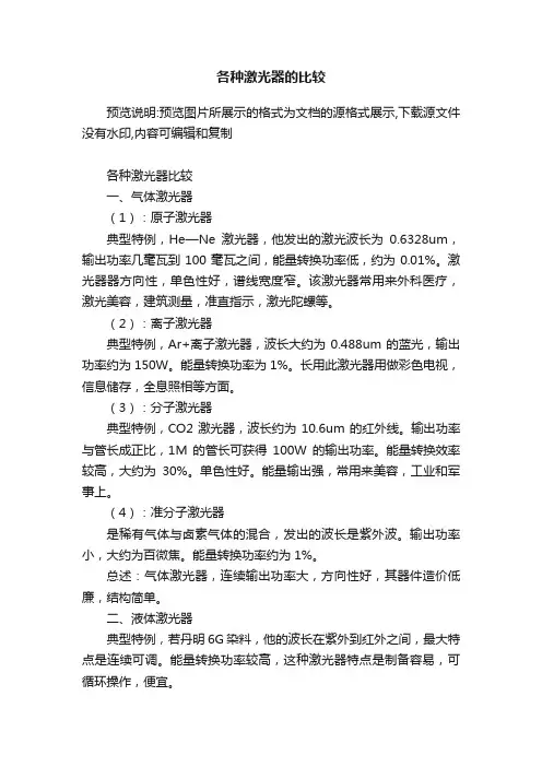 各种激光器的比较