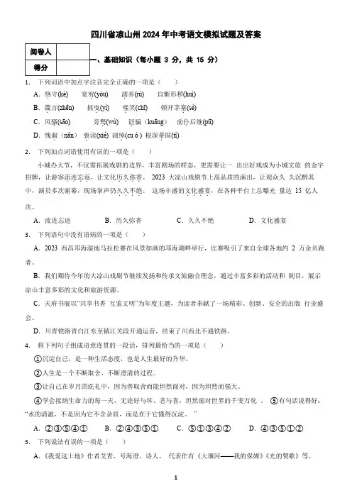 四川省凉山州2024年中考语文模拟试题及答案1