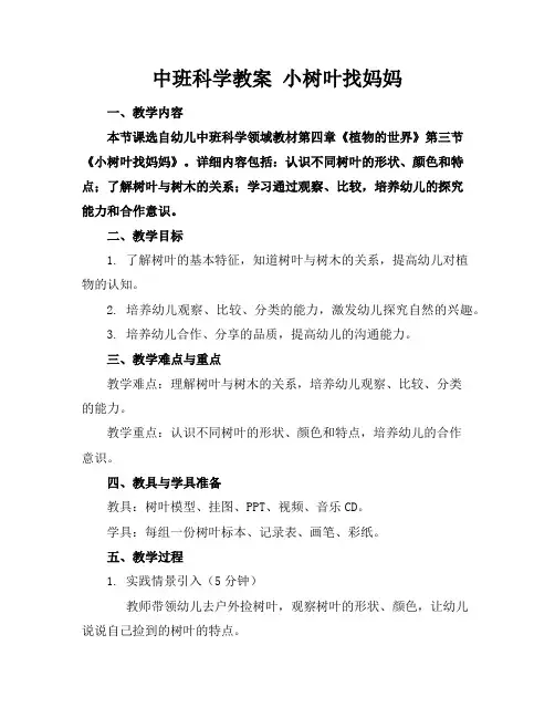 中班科学教案小树叶找妈妈