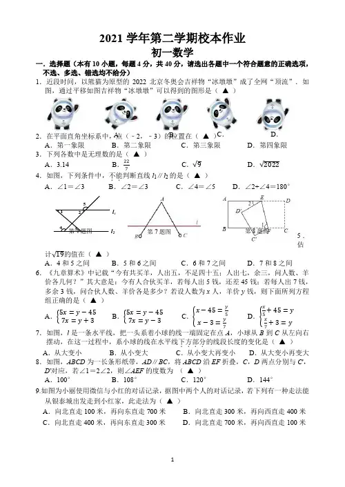 2021学年初一数学第二学期期中练习卷(含答案)
