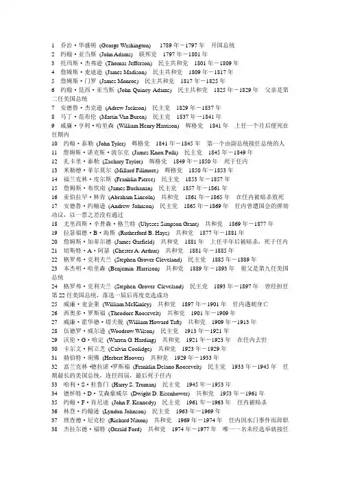 美国历届总统名单