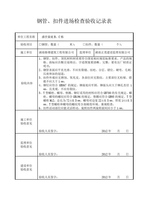 钢管、扣件、脚手板进场检查验收记录表