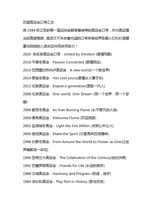 历届奥运会口号汇总