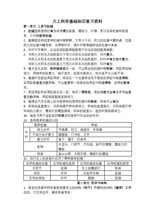 科教版小学科学六年级全册基础知识提纲