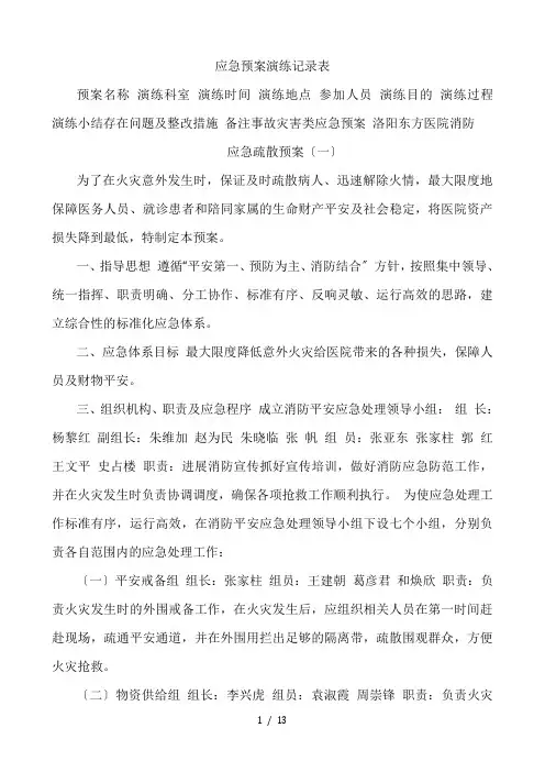 医院应急预案演练记录表