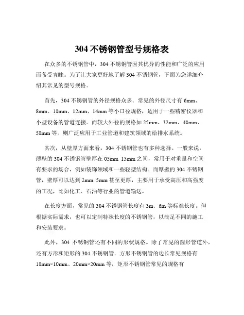 304不锈钢管型号规格表