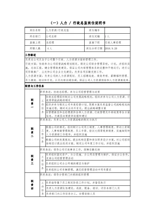 人力行政总监岗位说明书