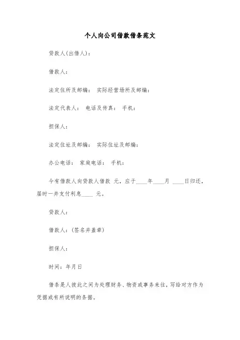 个人向公司借款借条范文（2篇）