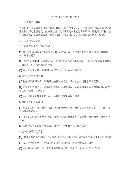 大学班主任年度工作计划表