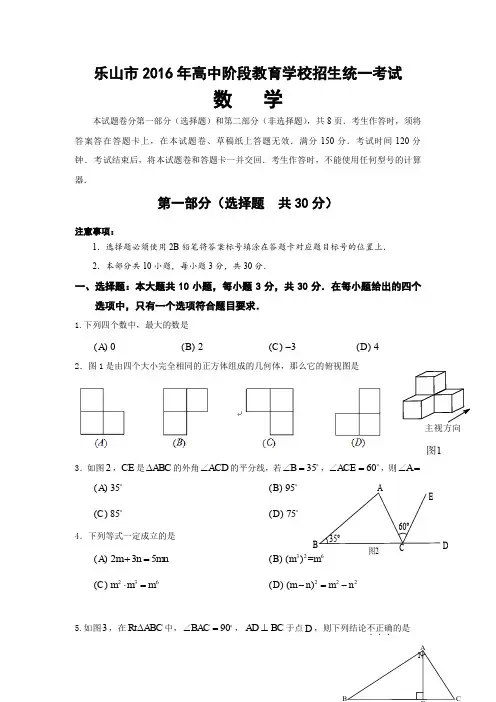 (历年中考)四川省乐山市中考数学试题 含答案