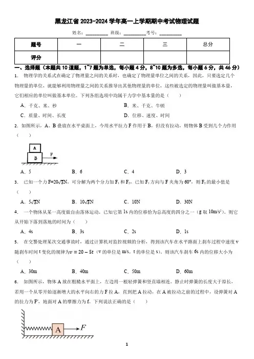 黑龙江省2023-2024学年高一上学期期中考试物理试题(含答案)