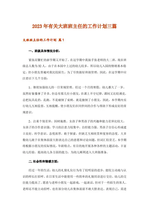 2023年有关大班班主任的工作计划三篇
