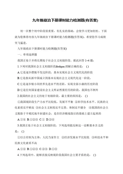 九年级政治下册课时能力检测题(有答案)