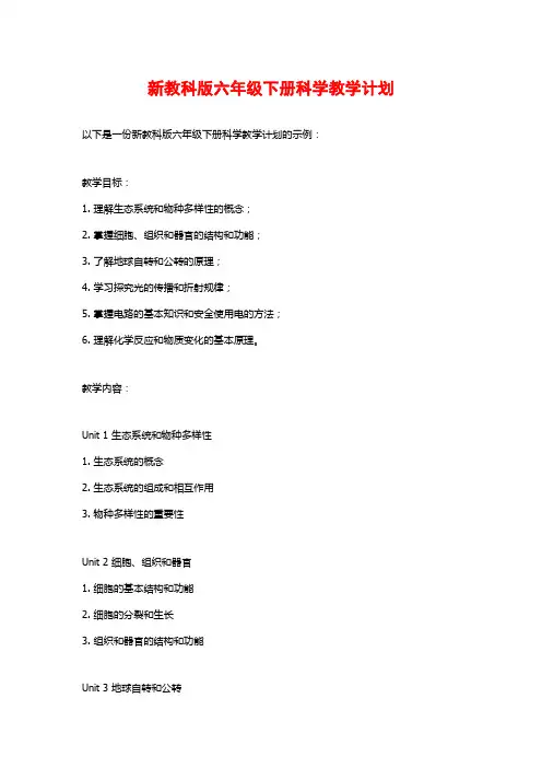新教科版六年级下册科学教学计划