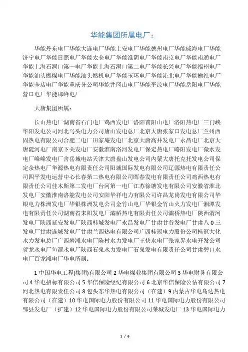 五大电力发电厂及下属详细