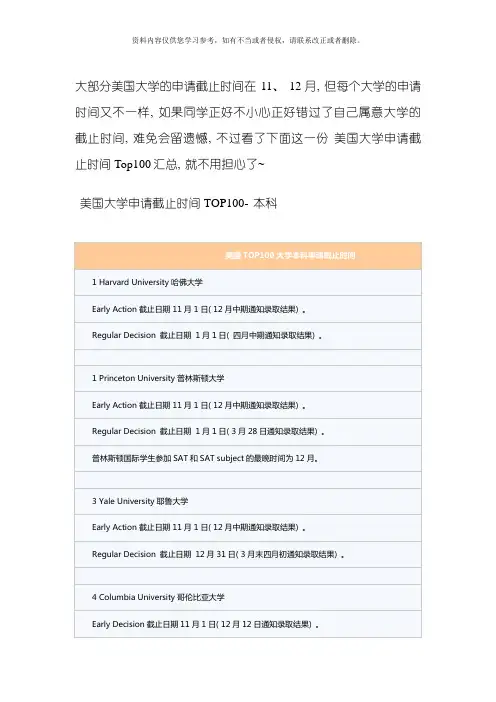 美国大学申请截止时间汇总以本科为例模板