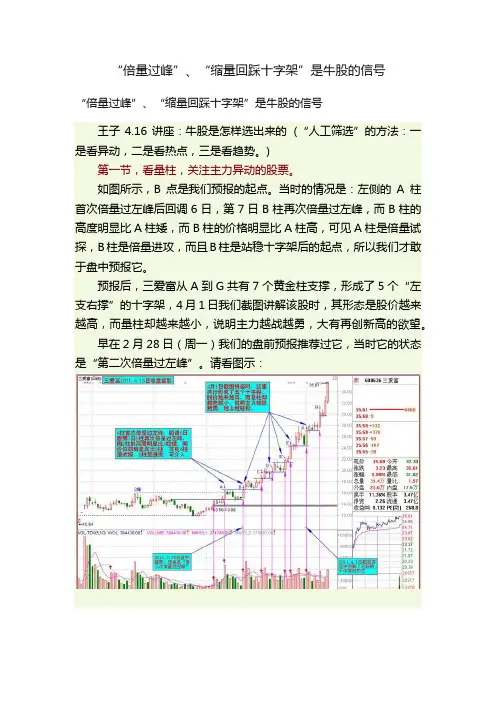 “倍量过峰”、“缩量回踩十字架”是牛股的信号
