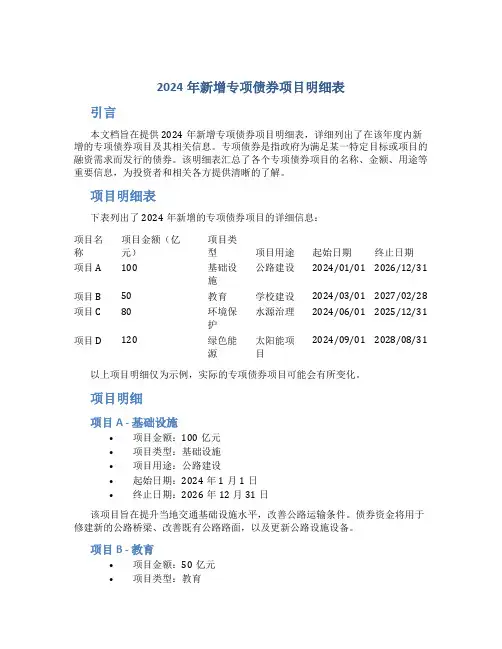 2024年新增专项债券项目明细表