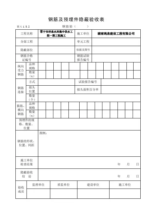 钢筋及预埋件隐蔽验收记录