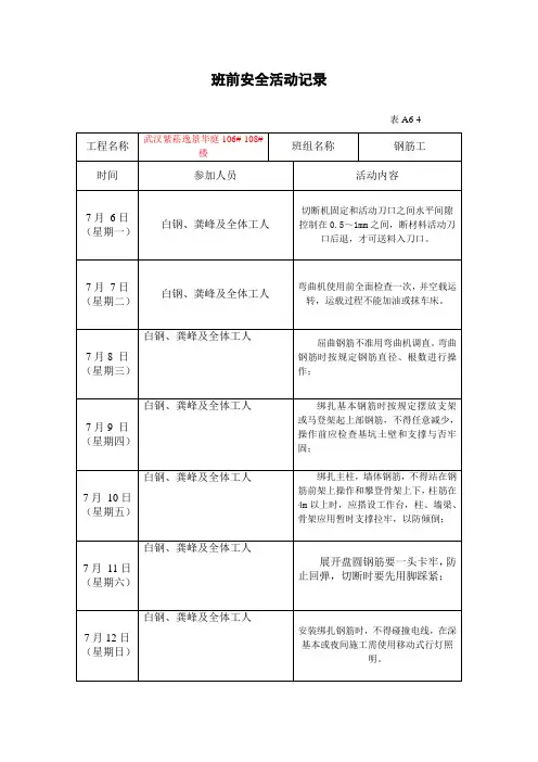 班前安全活动记录表A样本