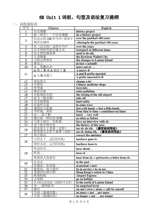 8B Unit 1 词组、句型及语法复习提纲