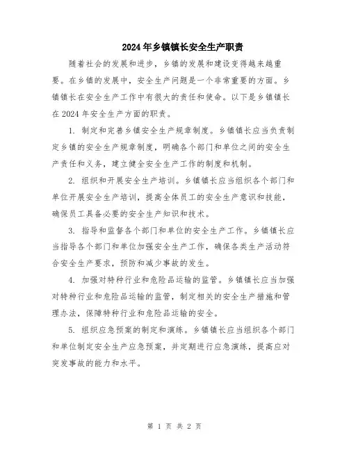 2024年乡镇镇长安全生产职责