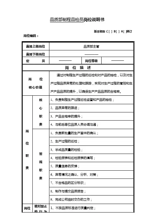 品质部制程品检员(IPQC)岗位说明书