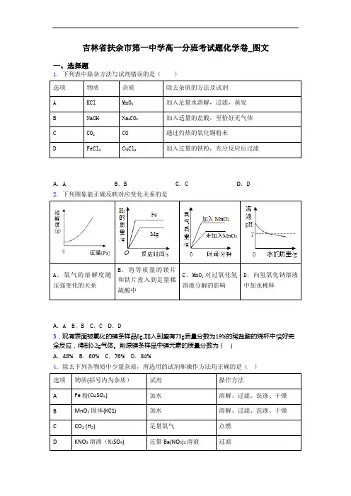吉林省扶余市第一中学高一分班考试题化学卷_图文