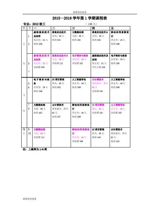 2015—2016学年第1学期课程表 .doc
