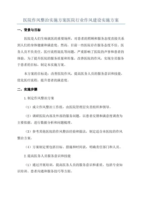 医院作风整治实施方案医院行业作风建设实施方案