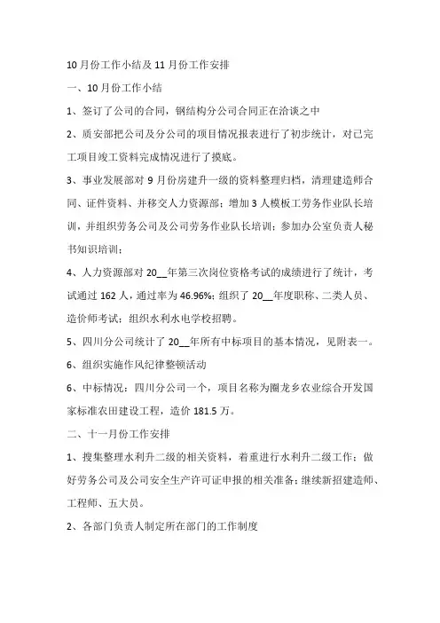 10月份工作小结及11月份工作安排