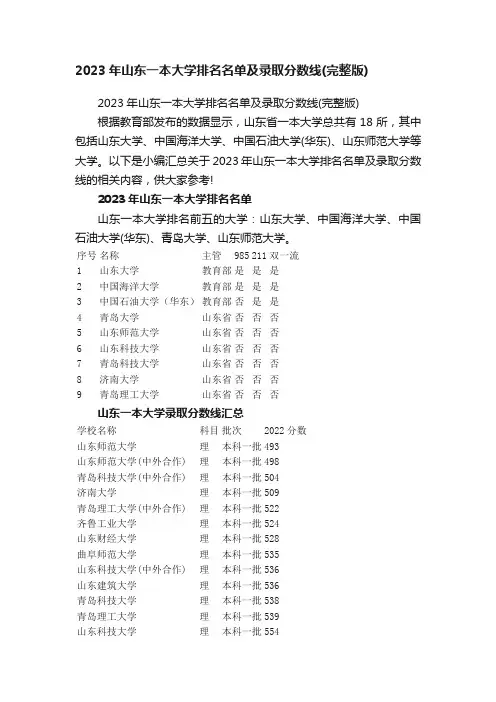 2023年山东一本大学排名名单及录取分数线（完整版）