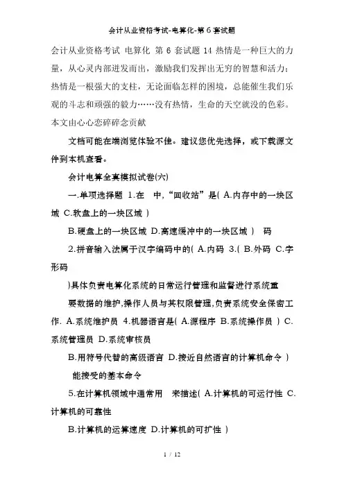 会计从业资格考试-电算化-第6套试题