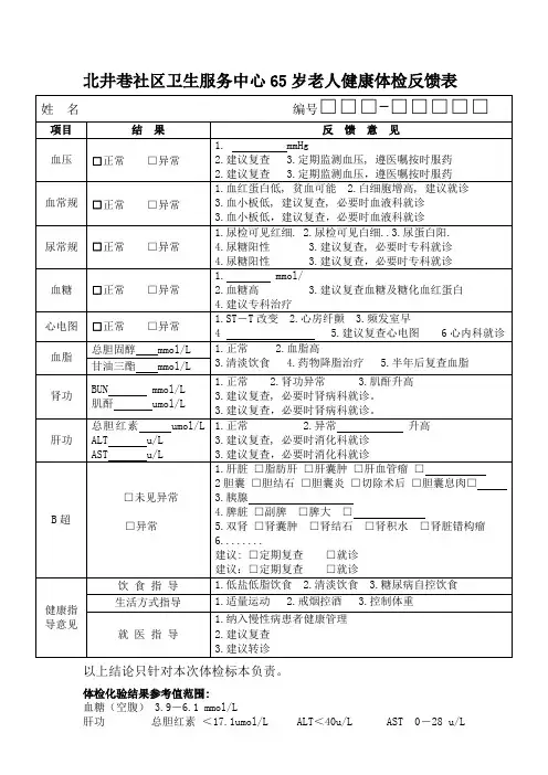 北井巷社区卫生服务中心65岁老人健康体检反馈表