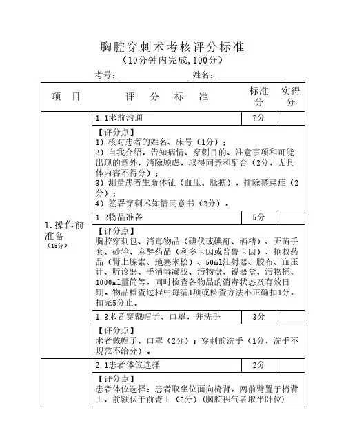 1、胸腔穿刺考核评分标准