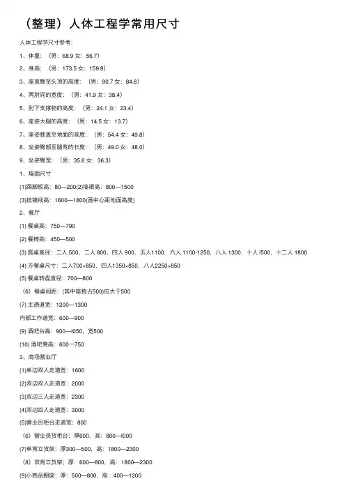 （整理）人体工程学常用尺寸
