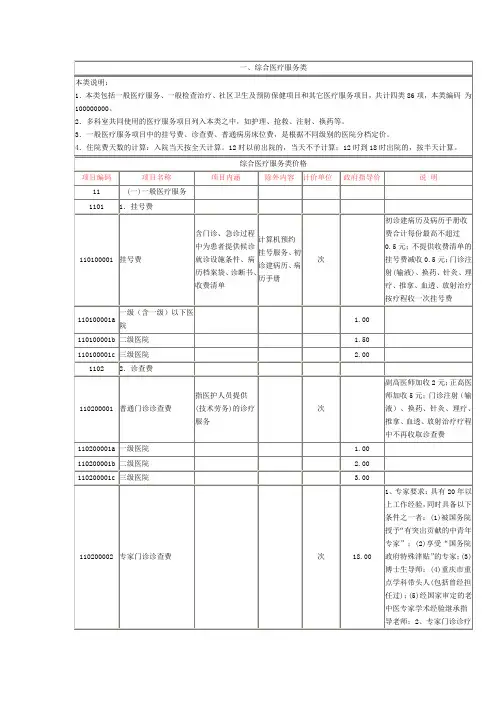 重庆市医疗收费项目《一、综合医疗服务类》