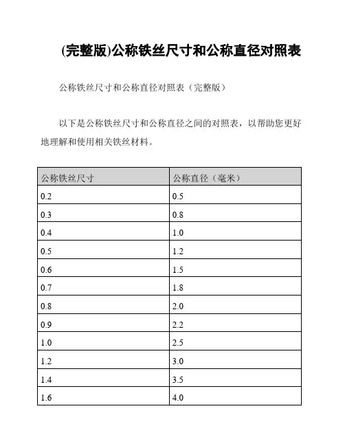 (完整版)公称铁丝尺寸和公称直径对照表