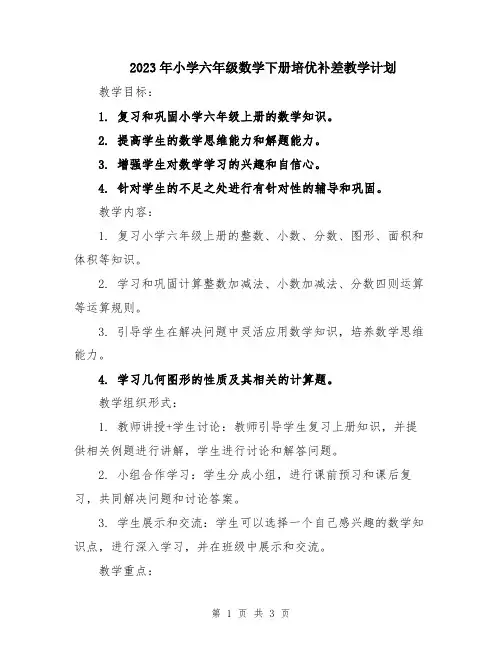 2023年小学六年级数学下册培优补差教学计划