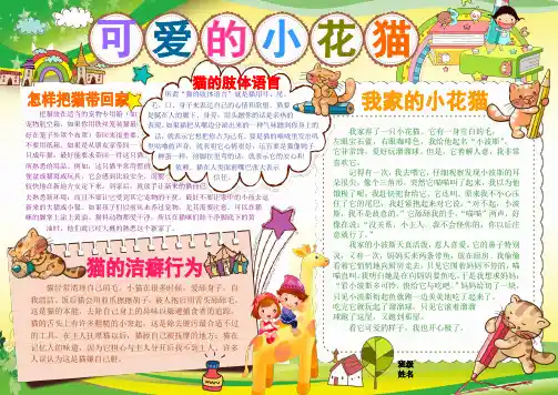 可爱的小花猫电子小报模板动物观察日记作文手抄报生活中的科普知识简报探索创新自然模板动植物知识板报A4