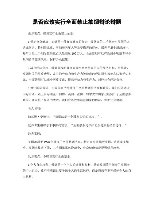是否应该实行全面禁止抽烟辩论辩题