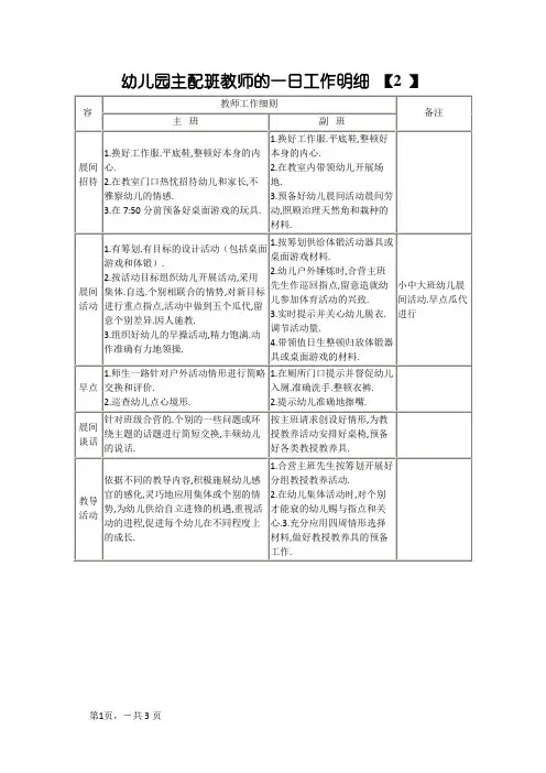 幼儿园主配班教师的一日工作明细