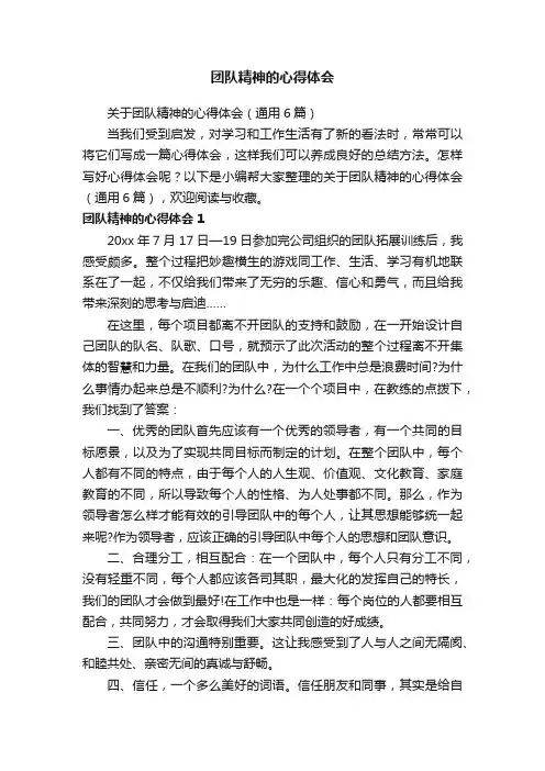关于团队精神的心得体会（通用6篇）