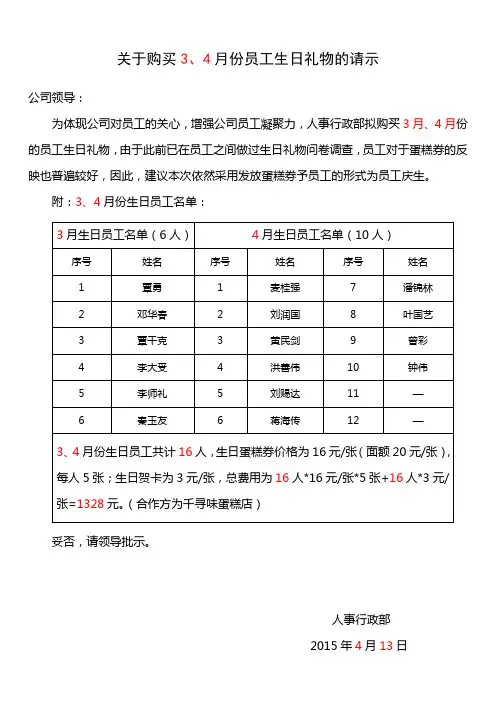 关于购买2015年3、4月员工生日礼物的请示