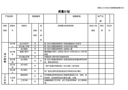 (完整word版)压力容器制造质量计划