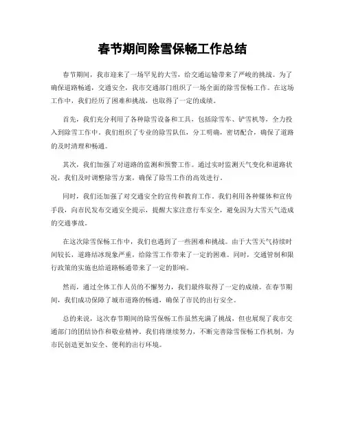 春节期间除雪保畅工作总结