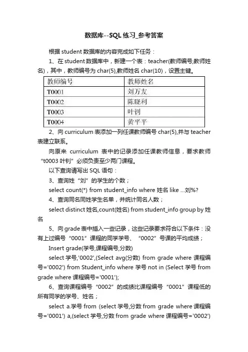 数据库--SQL练习_参考答案