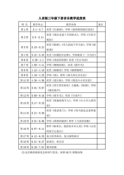 人音版三年级下册音乐教学进度表