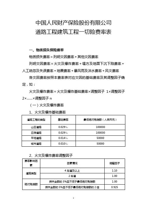 道路工程建筑工程一切险条款的费率